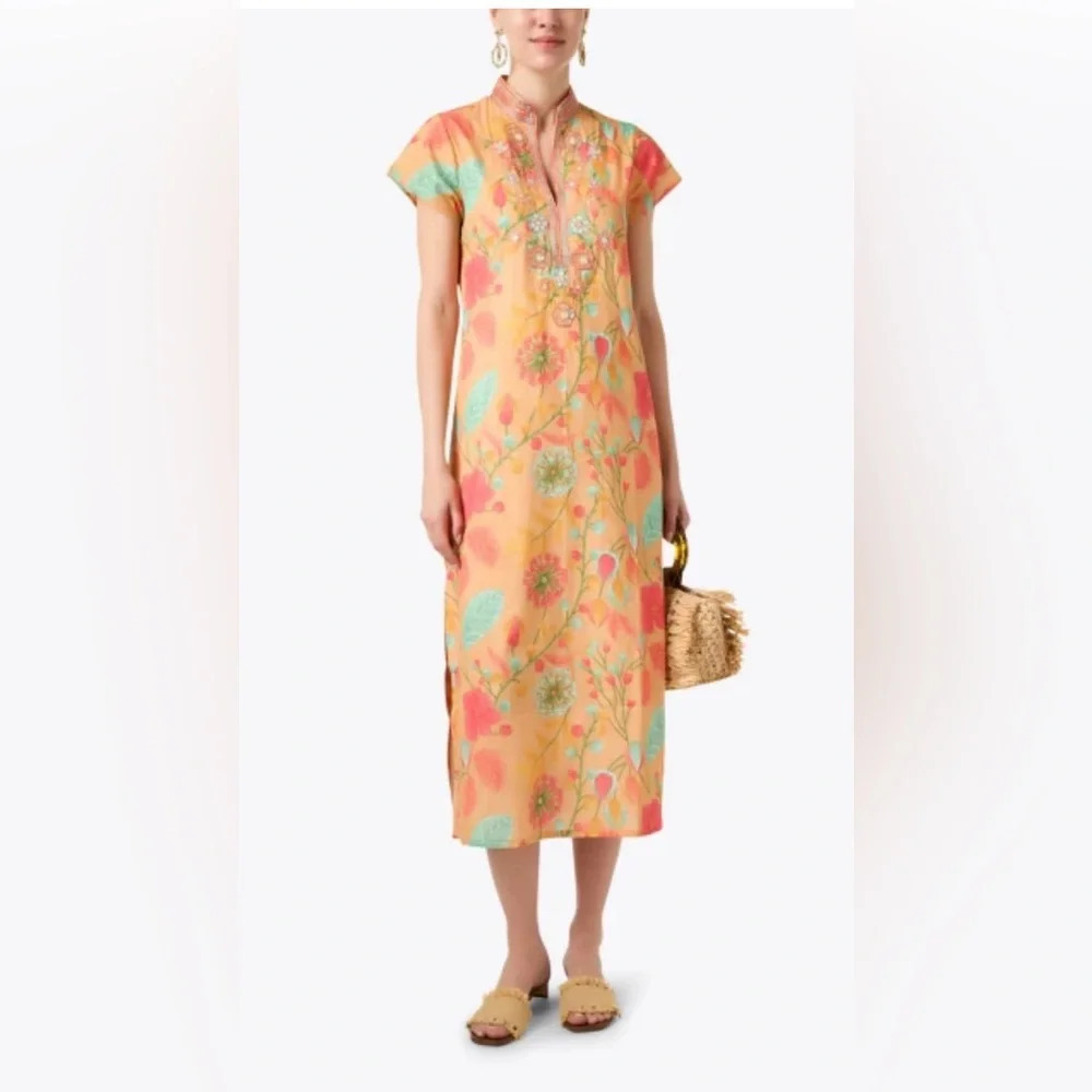 BELLA TU Lauren Multi Floral Beaded Cotton Kaftan dress